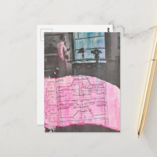 Retro man denkt na en plant en kijkt uit het raam briefkaart