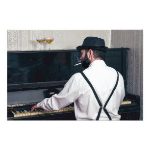 Retro man pianospelen en roken foto afdruk