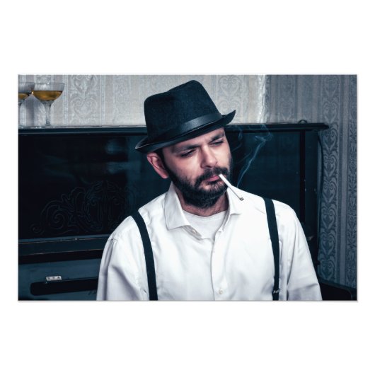 Retro man pianospelen en roken foto afdruk (Voorkant)