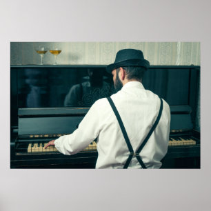 Retro man pianospelen en roken poster