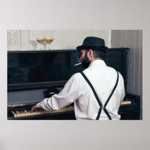 Retro man pianospelen en roken poster