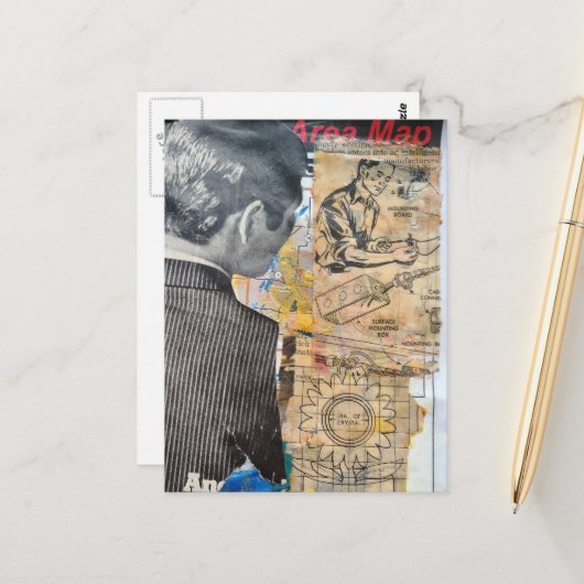 Retro man werkt Mixed media collage Briefkaart (Voorkant / Achterkant in situ)