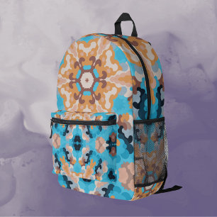 Retro Mandala Blauw en Sinaasappel Bedrukte Rugzak