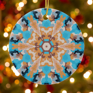 Retro Mandala Blauw en Sinaasappel Keramisch Ornament