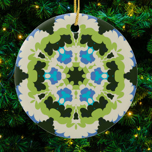 Retro Mandala Blauw Groen Wit en Zwart Keramisch Ornament