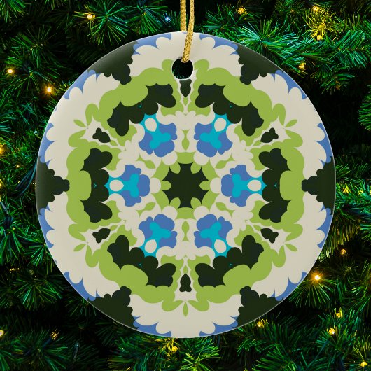 Retro Mandala Blauw Groen Wit en Zwart Keramisch Ornament
