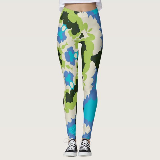 Retro Mandala Blauw Groen Wit en Zwart Leggings (Voorkant)