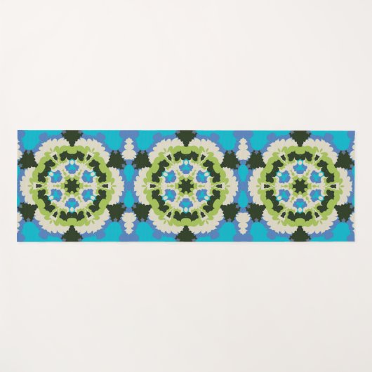 Retro Mandala Blauw Groen Wit en Zwart Yogamat (Voorkant (horizontaal))