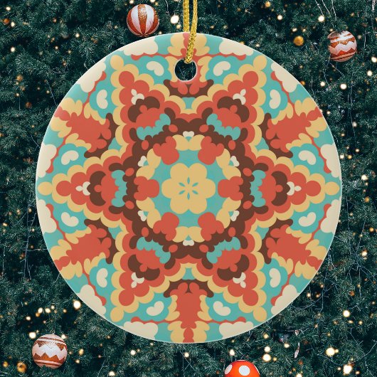 Retro Mandala Blauw Rood en Geel Keramisch Ornament