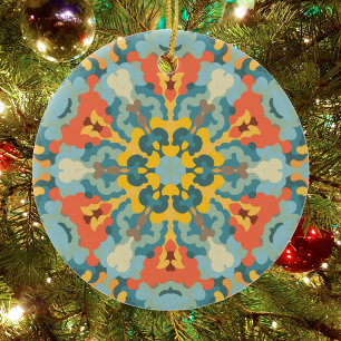 Retro Mandala blauw Sinaasappel en geel Keramisch Ornament