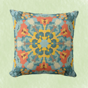 Retro Mandala blauw Sinaasappel en geel Kussen