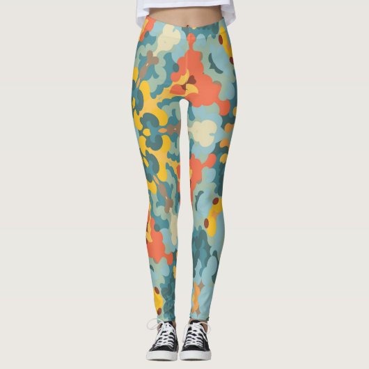 Retro Mandala blauw Sinaasappel en geel Leggings (Voorkant)