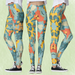 Retro Mandala blauw Sinaasappel en geel Leggings
