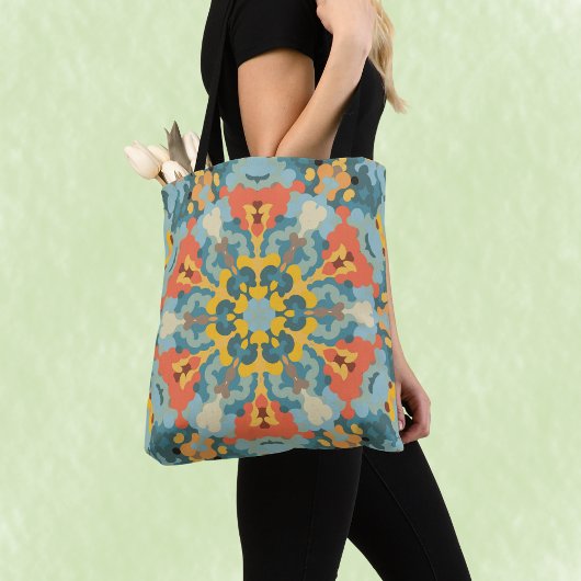 Retro Mandala blauw Sinaasappel en geel Tote Bag