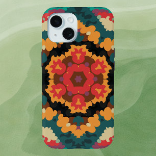 Retro Mandala blauw Sinaasappel en rood iPhone 15 Case