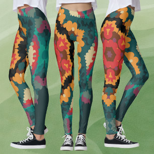 Retro Mandala blauw Sinaasappel en rood Leggings