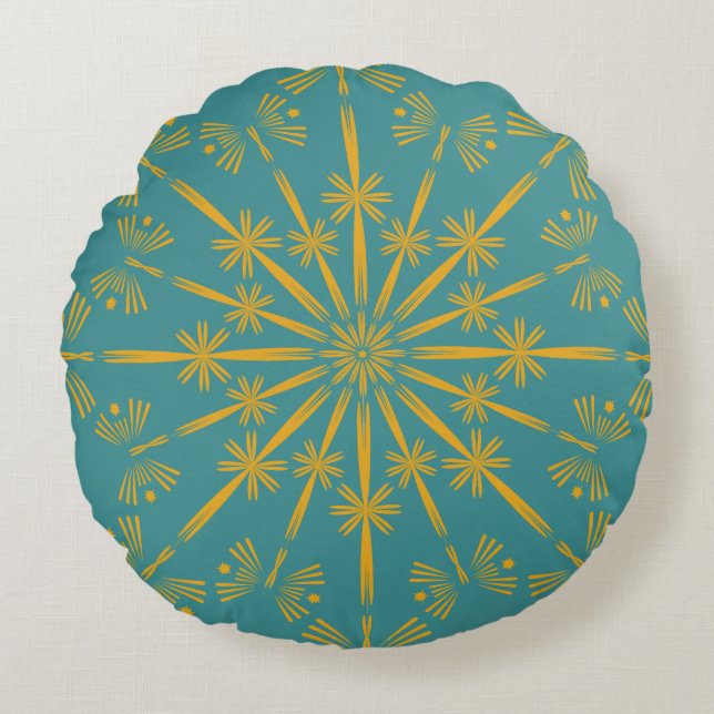 Retro Mandala Blauwgroen rondleiding Rond Kussen (Voorkant)