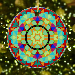 Retro Mandala Bloed Oranje rood en blauw Keramisch Ornament