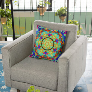 Retro Mandala Bloed Oranje rood en blauw Kussen