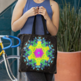 Retro Mandala Bloedroze Roze Geel en Blauw Tote Bag