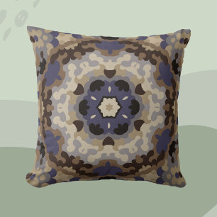Retro Mandala Bloem Blauw Tan en Bruin Kussen