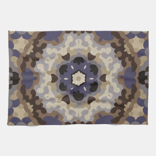 Retro Mandala Bloem Blauw Tan en Bruin Theedoek (Horizontaal)