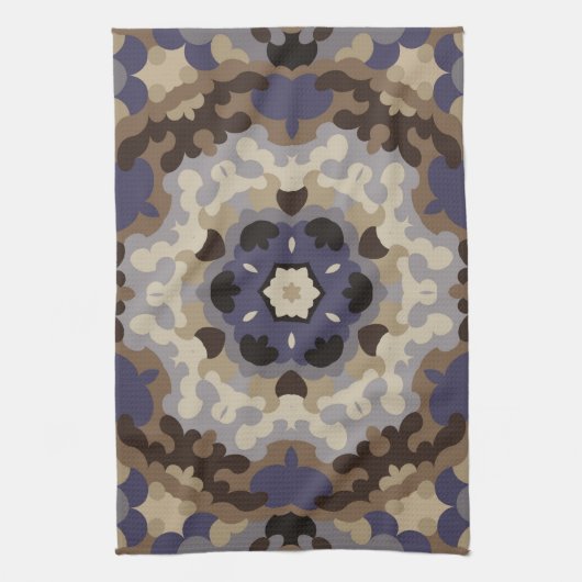 Retro Mandala Bloem Blauw Tan en Bruin Theedoek (Verticaal)