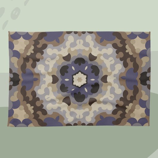 Retro Mandala Bloem Blauw Tan en Bruin Theedoek