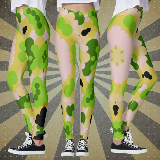 Retro Mandala Bloem Geel Groen en Wit Leggings