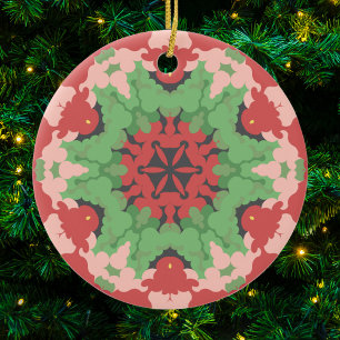 Retro Mandala Bloem Groen en Rood Keramisch Ornament