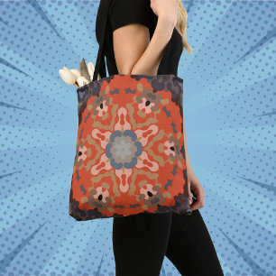 Retro Mandala Bloem Sinaasappel Blauw en Tan Tote Bag