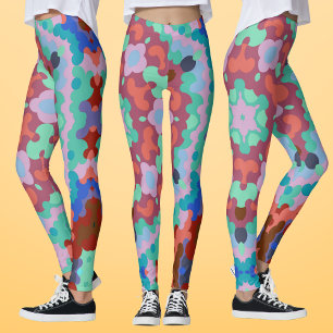 Retro Mandala Bloemblauw Rood en Blauwgroen Leggings