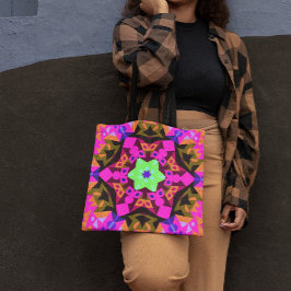 Retro Mandala Bloemroze Oranje en groen Tote Bag