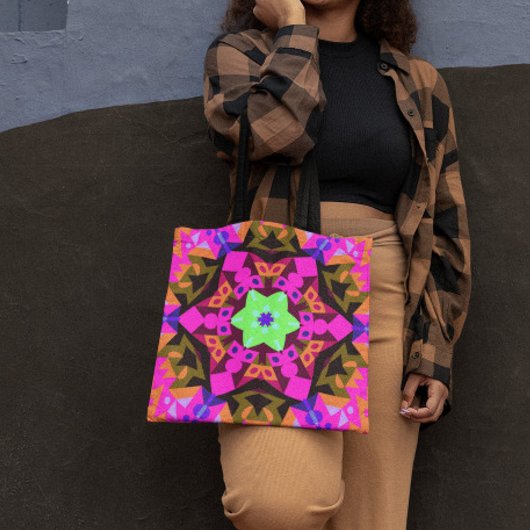 Retro Mandala Bloemroze Oranje en groen Tote Bag