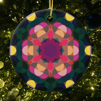 Retro Mandala Bloemroze Paars en geel Keramisch Ornament