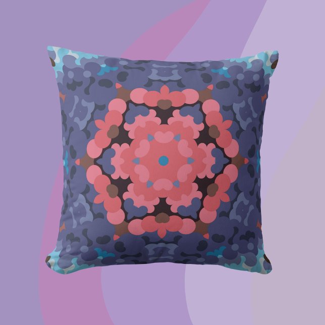 Retro Mandala Flower Blue en roze Kussen (Creator heeft geüpload)