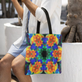 Retro Mandala Flower Blue Oranje en Green Tote Bag