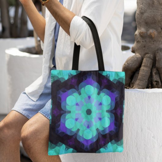 Retro Mandala Flower Blue Paars en Green Tote Bag