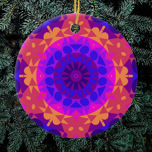 Retro Mandala Flower Blue Roze en Oranje Keramisch Ornament