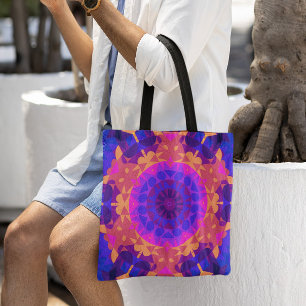 Retro Mandala Flower Blue Roze en Oranje Tote Bag