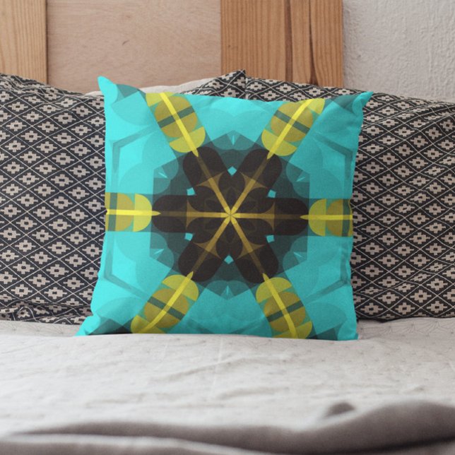 Retro Mandala Flower Blue Yellow and Black Kussen (Creator heeft geüpload)