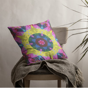 Retro Mandala Flower Blue Yellow and Pink Kussen