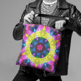 Retro Mandala Flower Blue Yellow and Pink Tote Bag