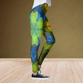 Retro Mandala Flower Green Blue en Oranje Leggings
