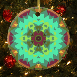 Retro Mandala Flower Green Paars en Oranje Keramisch Ornament