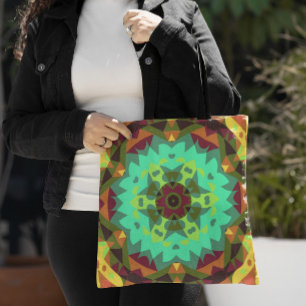 Retro Mandala Flower Green Paars en Oranje Tote Bag