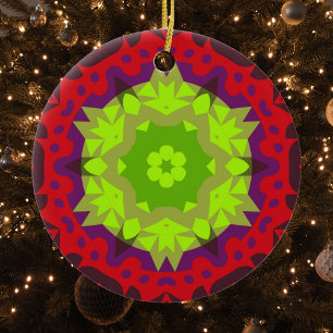 Retro Mandala Flower Green Red en Paars Keramisch Ornament