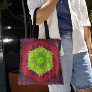 Retro Mandala Flower Green Red en Paars Tote Bag