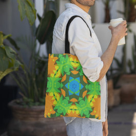 Retro Mandala Flower Green Yellow en Blue Tote Bag