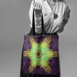 Retro Mandala Flower Green Yellow en Paars Tote Bag